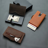 Slim RFID Leather Wallet – Minimalist Pop-Up Card Holder with Coin Pocket & Secure Button Closure