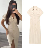 Elegant Denim Midi Dress with Slim Waist & Side Zipper for Women