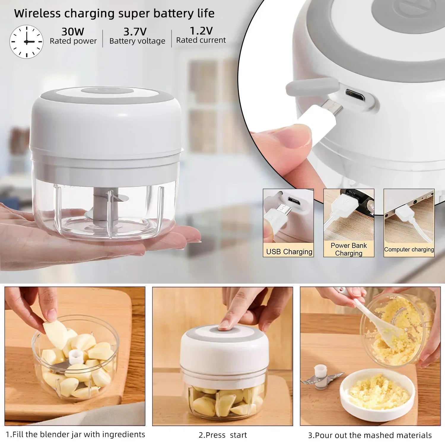 Mini picadora de alimentos eléctrica: trituradora de ajo y picadora de carne portátil recargable por USB