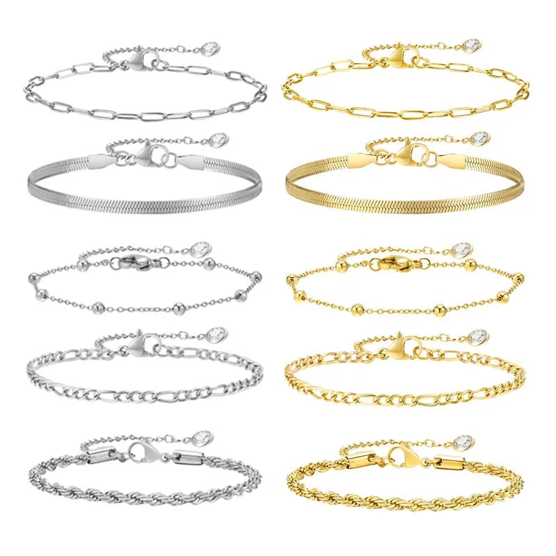 Juego de 5 pulseras de cadena de oro y plata: joyería de acero inoxidable de moda para mujeres