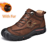 Men’s Winter Leather Ankle Boots – Lace-Up Cowhide Boots with Plush Lining for Cold Weather