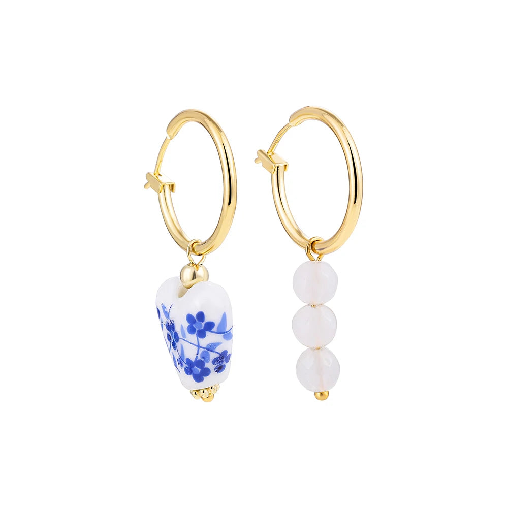 Blue Floral Pearl Dangle Earrings - Asymmetric Ceramic Bead Huggie Hoops