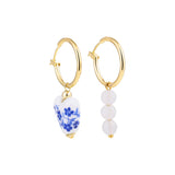 Blue Floral Pearl Dangle Earrings - Asymmetric Ceramic Bead Huggie Hoops