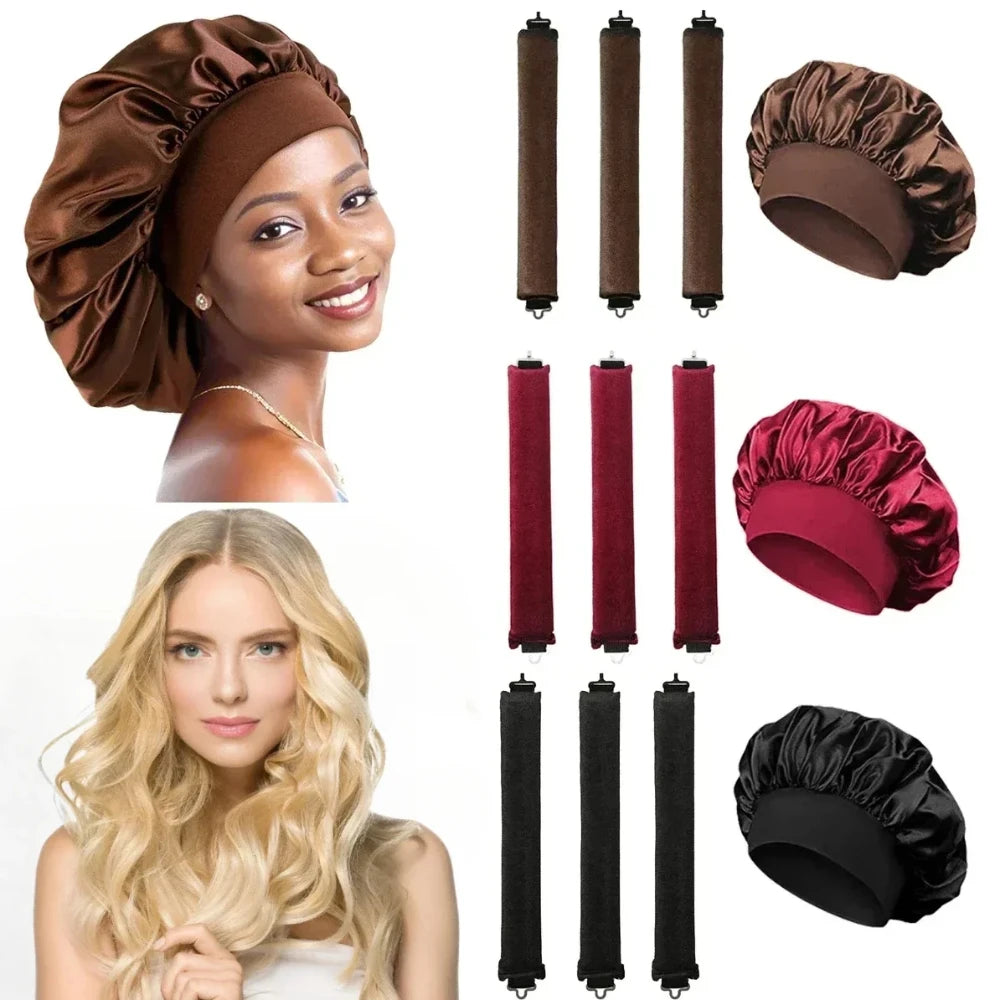 Heatless Hair Curler Set – Satin Sleeping Cap & Curling Rods for No Heat Curls