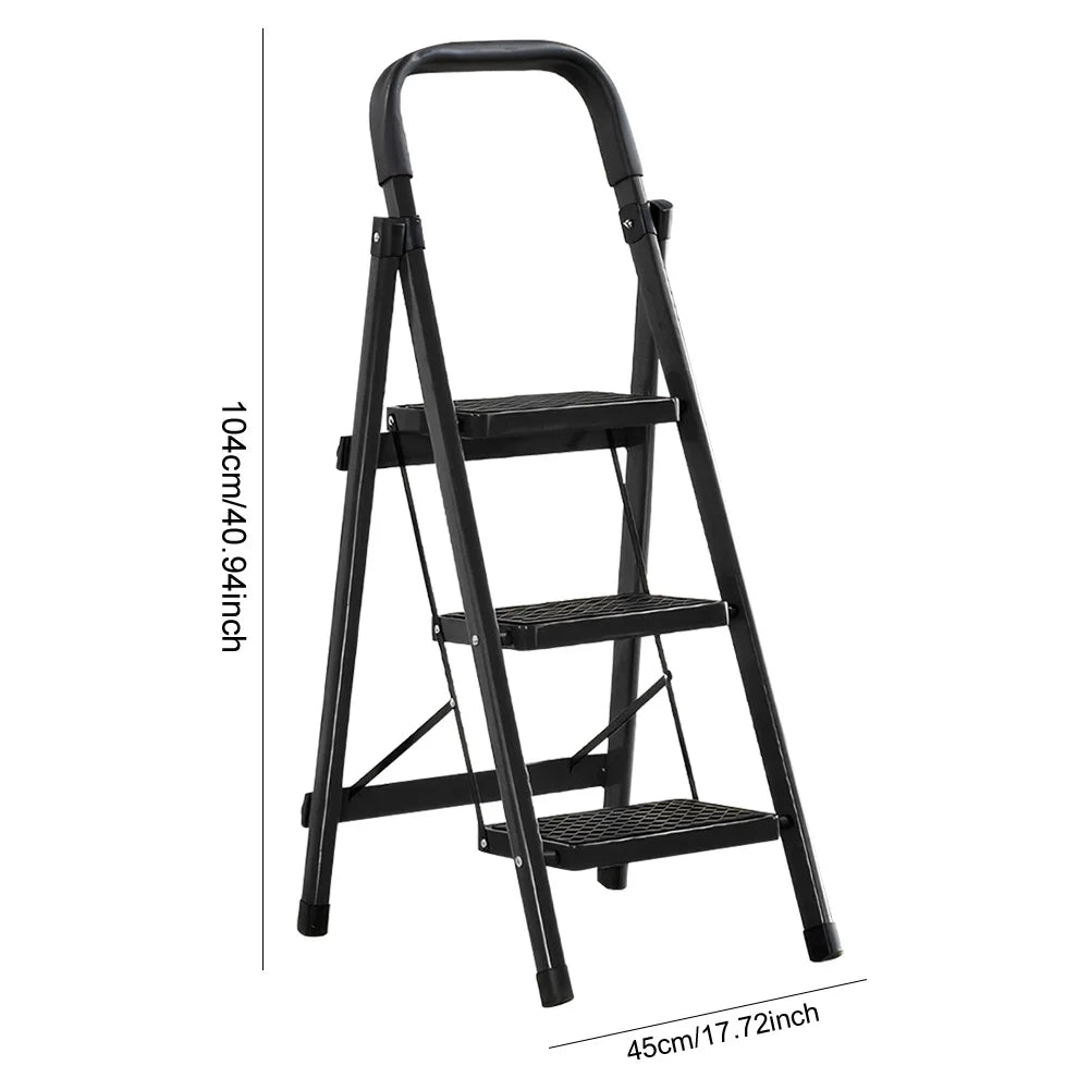 3-Step Folding Ladder with Handrail - 300 lb Capacity Steel Step Stool for Home Use