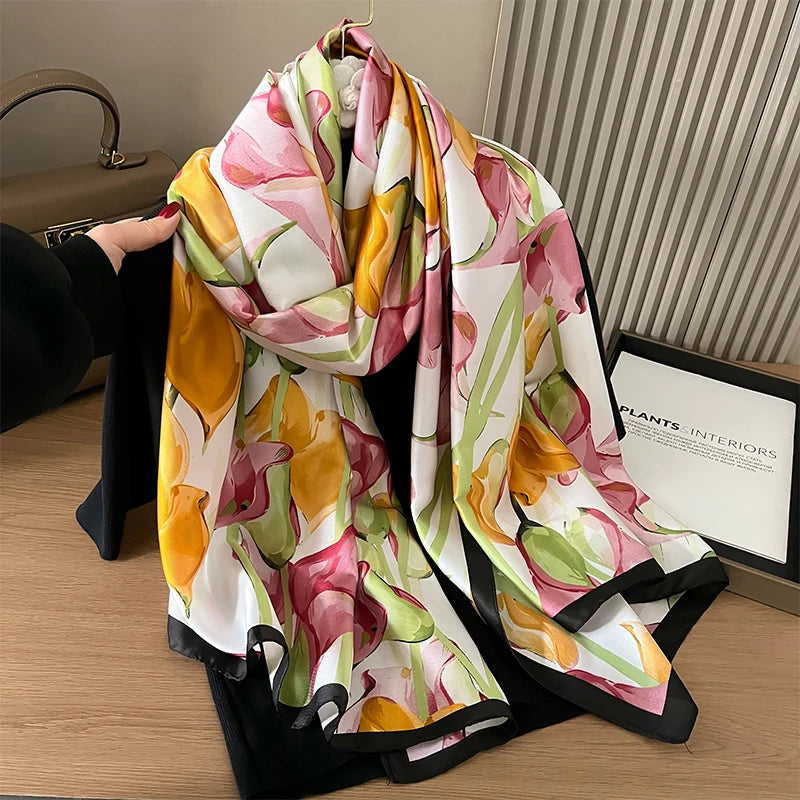 Bufanda tipo hijab de seda satinada con diseño para mujer, bufanda de verano a la moda con protección solar para la playa, pañuelo para la cabeza para mujer, nuevo