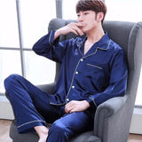 Men’s Elegant Solid Pajama Set – Soft Polyester & Spandex with Full Sleeves, Button Closure, and Turn-Down Collar