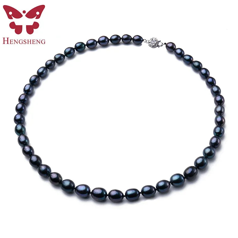 Elegant Black Freshwater Pearl Necklace with 925 Sterling Silver Flower Clasp