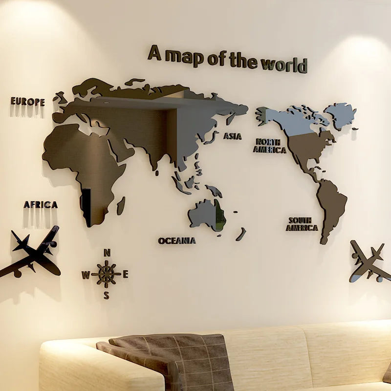 European Version World Map Wall Stickers – Modern 3D Acrylic Map Decals for Home, Office, or Classroom