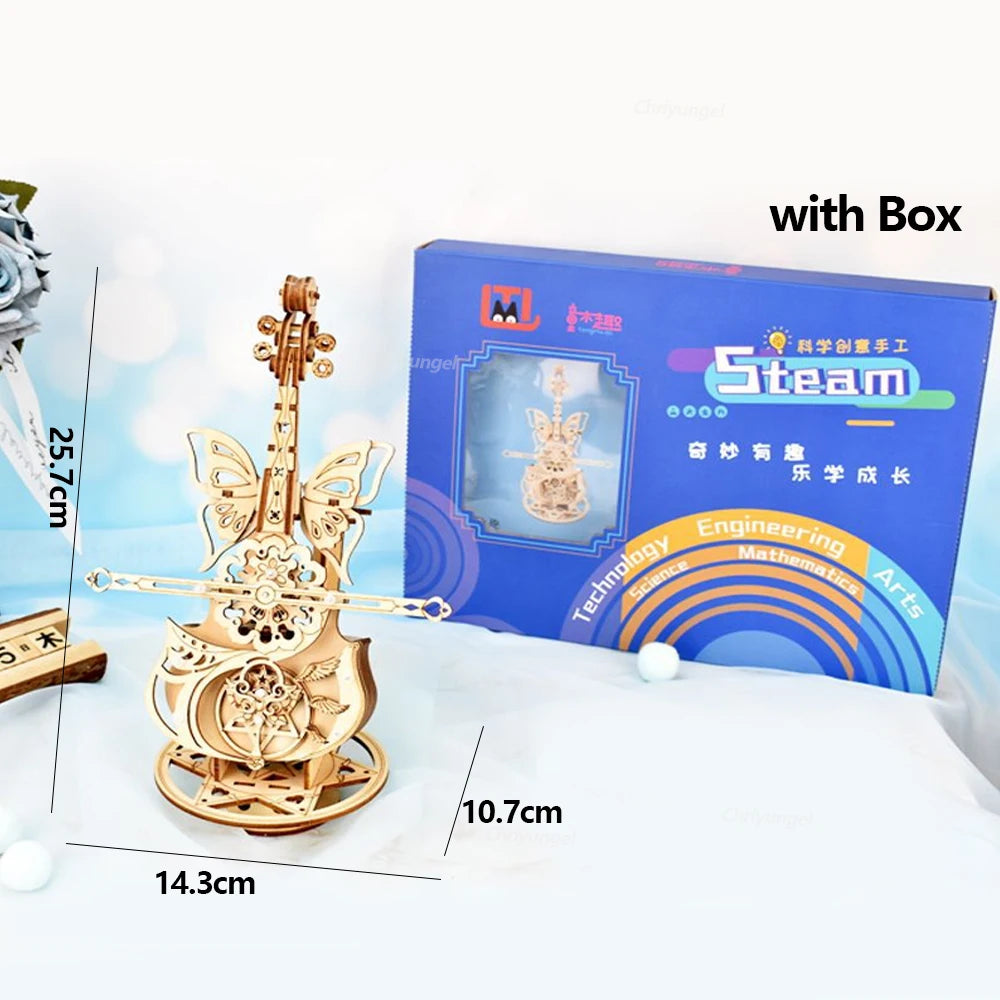 3D Wooden Cello Music Box - DIY Model Kit with Dancing Butterfly Mechanism