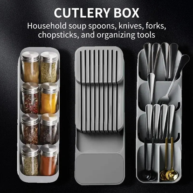 Caja de almacenamiento de cubiertos que ahorra espacio: organizador de cocina multifuncional para utensilios, cuchillos y especias
