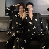 Men’s & Women’s Ice Silk Pajama Set – Breathable Printed Nightwear with Full Sleeves & Turn-Down Collar