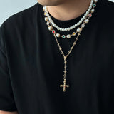 Classic Geometric Pendant Necklace for Men – Simulated Pearl & Rhinestone Chain