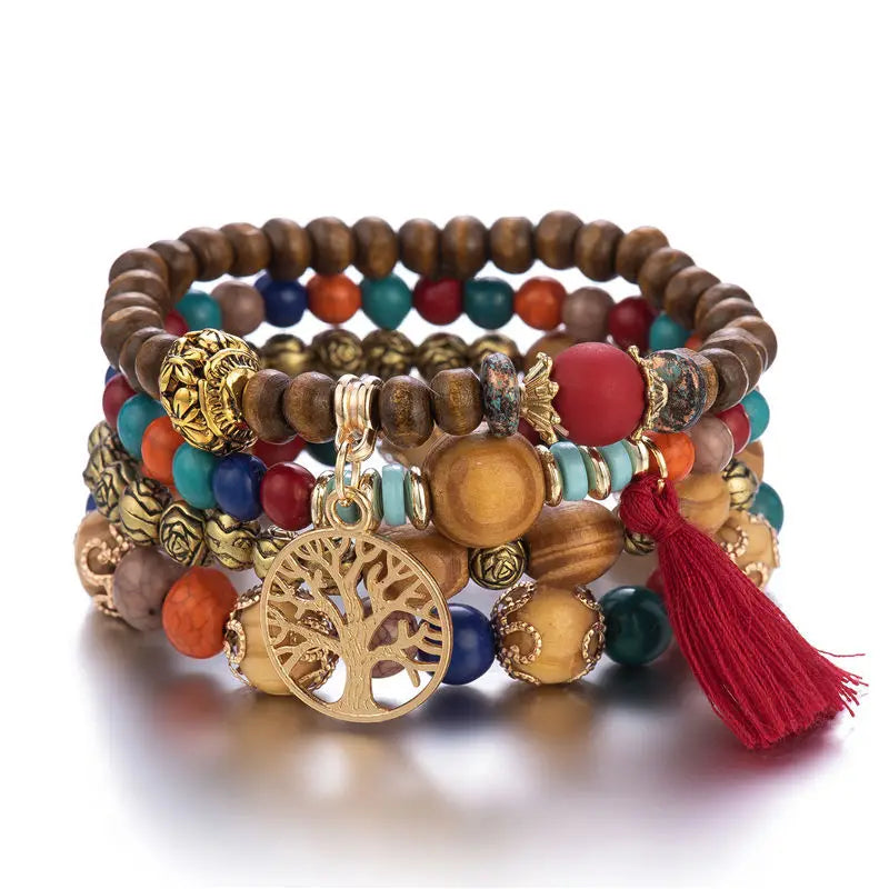 Juego de 4 pulseras de cuentas con dijes del árbol de la vida de Bohemia para mujer, brazalete de cadena de cuentas de madera hecho a mano, joyería bohemia para mujer