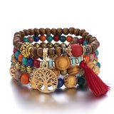 Juego de 4 pulseras de cuentas con dijes del árbol de la vida de Bohemia para mujer, brazalete de cadena de cuentas de madera hecho a mano, joyería bohemia para mujer