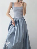 Women's Knit Spaghetti Strap Dress - Sexy Square Neck Patchwork Midi Dress