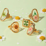 18K Gold Plated Polygonal Dry Flower Ring – Minimalist & Waterproof Statement Jewelry