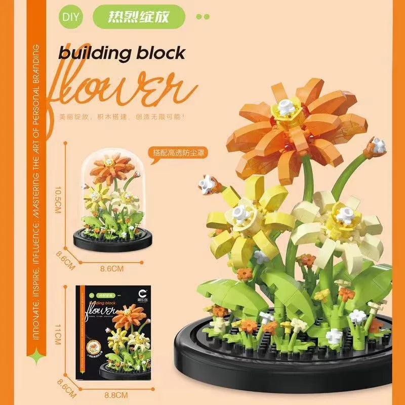 Juego de bloques de construcción con rosas y suculentas en macetas: decoración del hogar con flores eternas