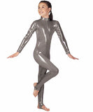 Shiny Metallic Long Sleeve Dance Unitard for Kids – Full-Length Spandex Bodysuit