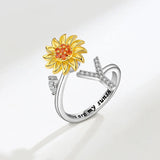 Sunflower Spinner Ring - Stainless Steel Initial Letter Anxiety Relief Jewelry for Women