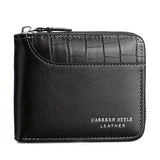 Men’s PU Leather Zipper Wallet – Short Business Style with Card, Coin & Note Compartments
