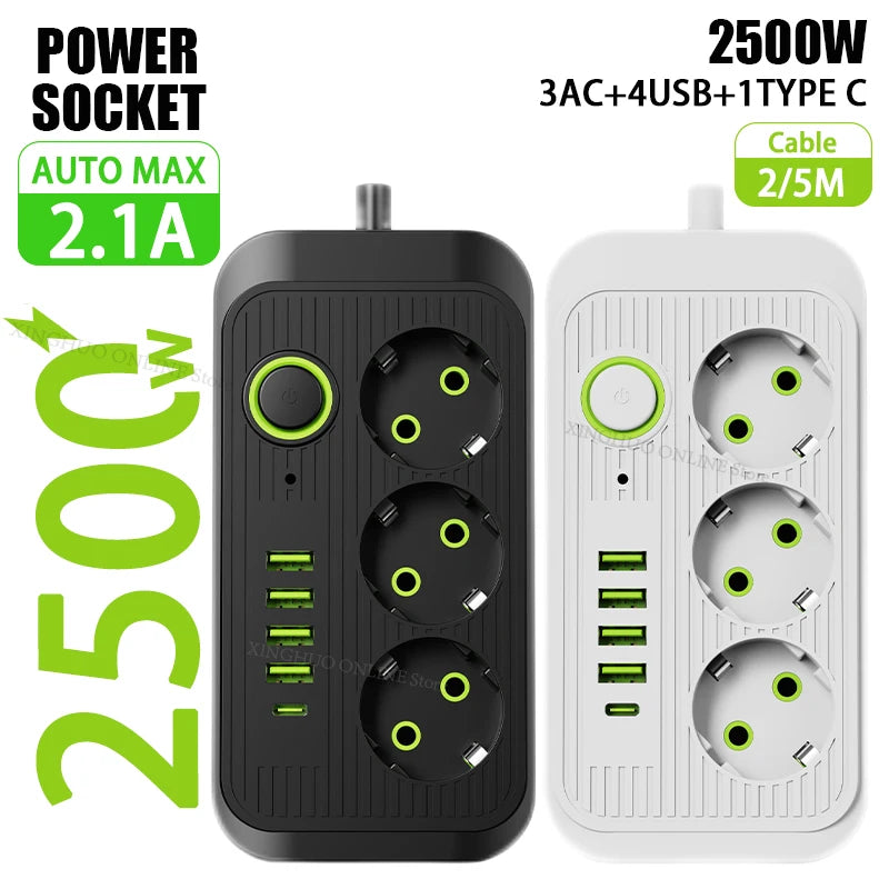 Regleta de enchufes de la UE de 2 m/5 m con 3 tomas de CA, 4 puertos USB y 1 tipo C: cable alargador de carga rápida de 2500 W