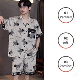 Men’s Long Sleeve Cartoon Pajama Set with Elastic Waist – Comfortable Loungewear for All Seasons