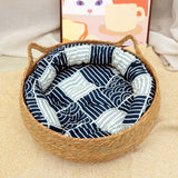 Handwoven Rattan Cat Bed with Cushion - Breathable Round Pet Bed (3 Sizes)