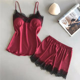 Conjunto de pijama para mujer, moda, escote en V, satén elástico, babydoll, encaje, lencería sexy, pijama con lazo, pantalones cortos para dormir, ropa de dormir nueva