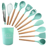 Juego de utensilios de cocina de silicona de 12 piezas: herramientas de cocina antiadherentes y resistentes al calor con mangos de madera