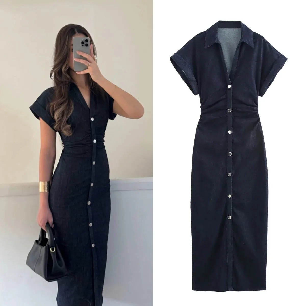 Elegant Denim Midi Dress with Slim Waist & Side Zipper for Women
