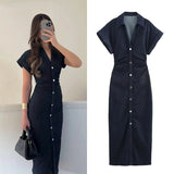 Elegant Denim Midi Dress with Slim Waist & Side Zipper for Women