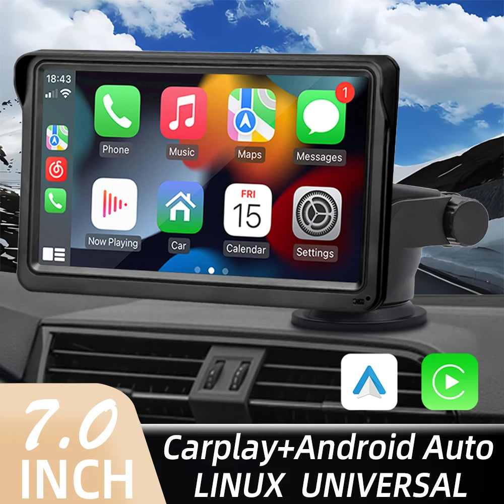 Universal 7-Inch Car Display with Wireless CarPlay, Android Auto & FM Transmitter