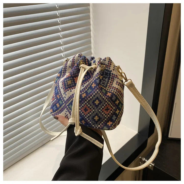 Fashionable Nylon Bucket Bag for Women – Soft Patchwork Design with Phone Pocket