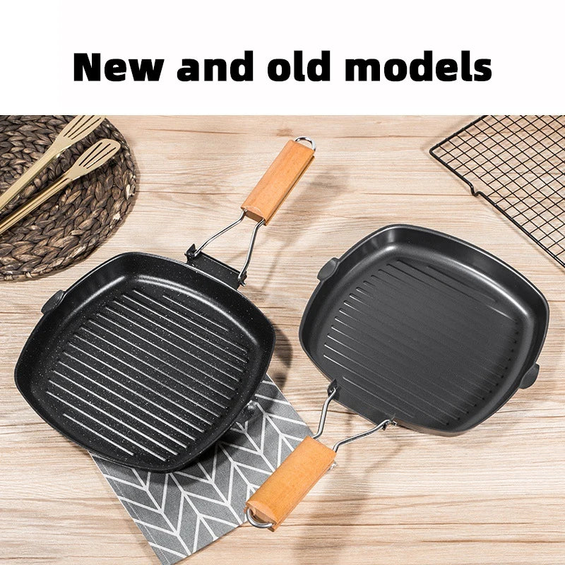 Parrilla portátil plegable | Sartén para exteriores con mango de madera antiescaldaduras