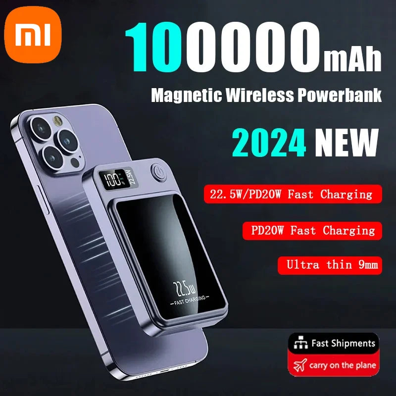 100000mAh Magnetic Wireless Power Bank – 22.5W Super Fast Charging for iPhone, Samsung & More