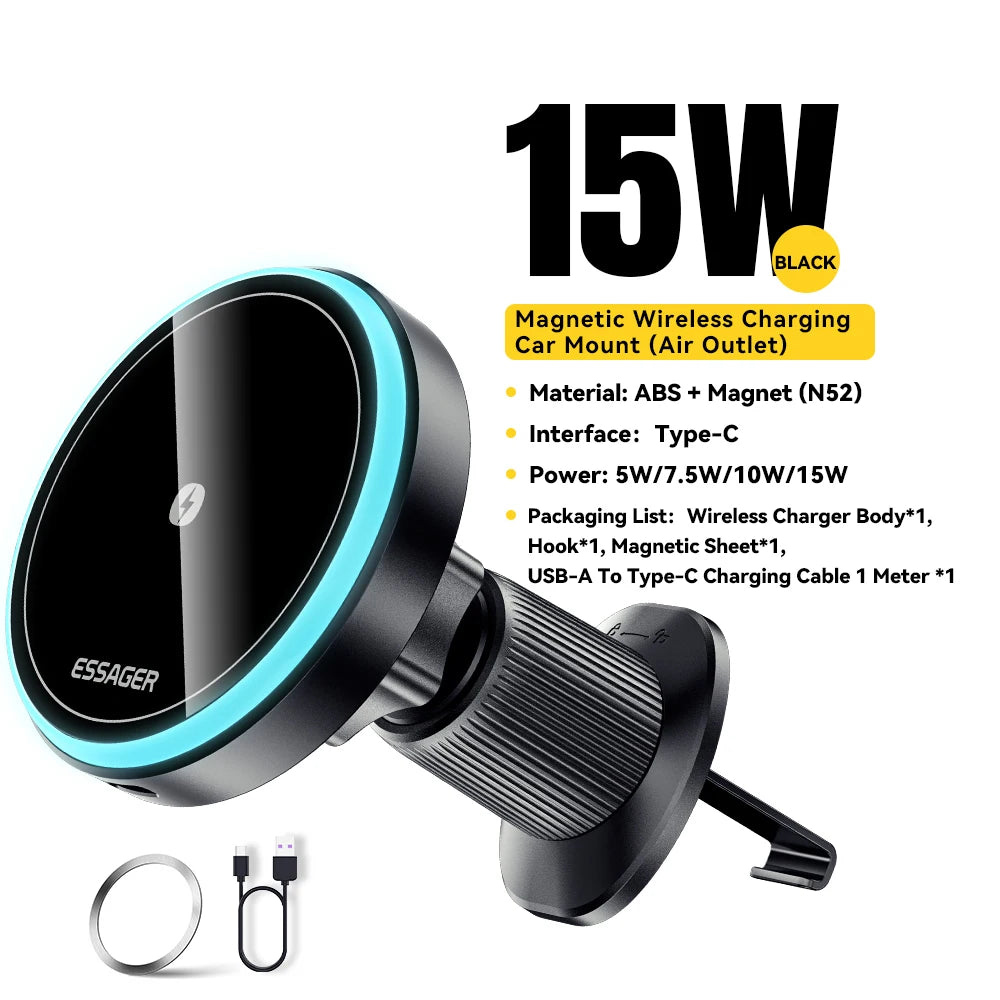 Essager RGB Magnetic Car Phone Holder – 15W Qi Wireless Charger & Magsafe Mount for iPhone & Samsung