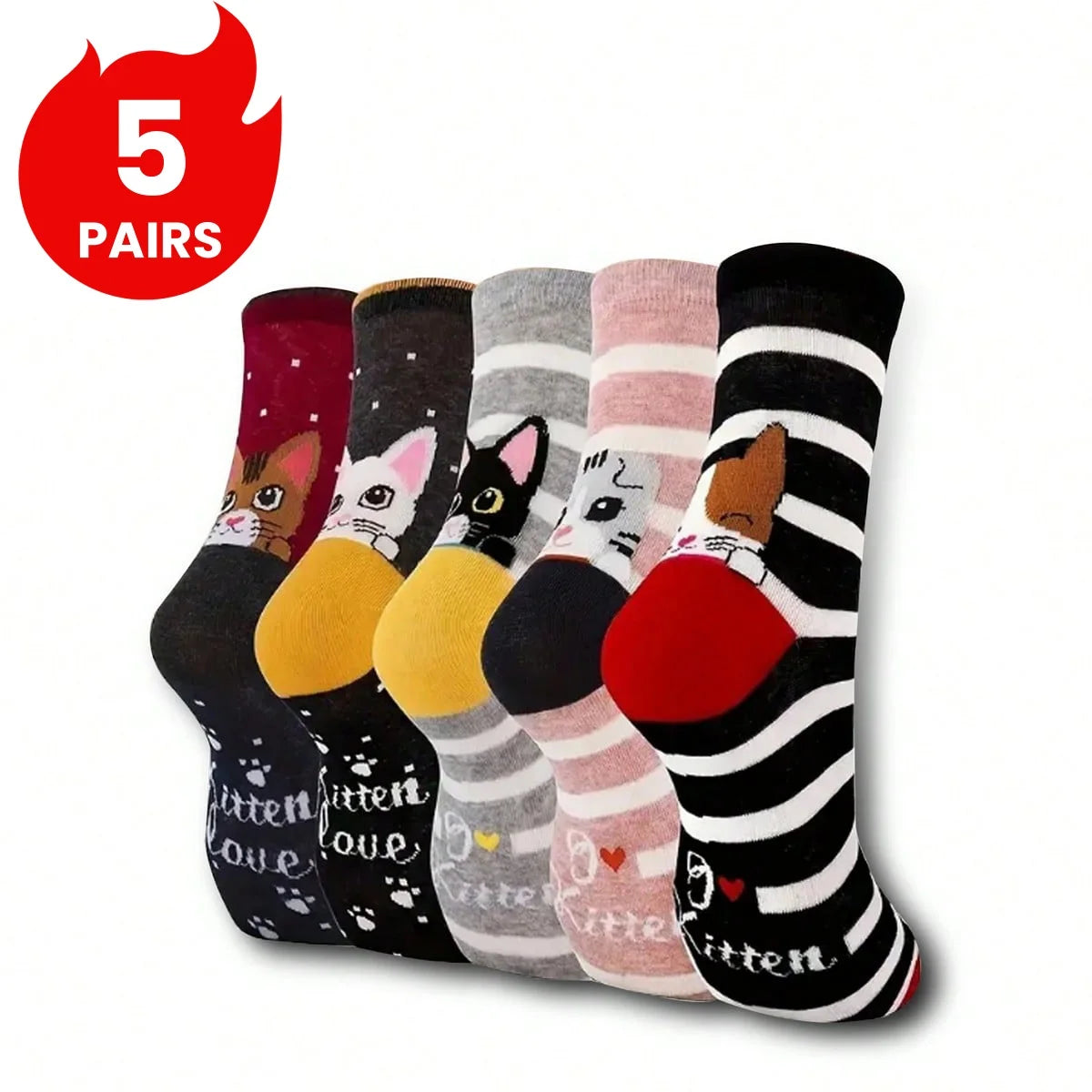 Women's Cat Pattern Crew Socks - 5-Pack Cute & Comfortable Casual Socks