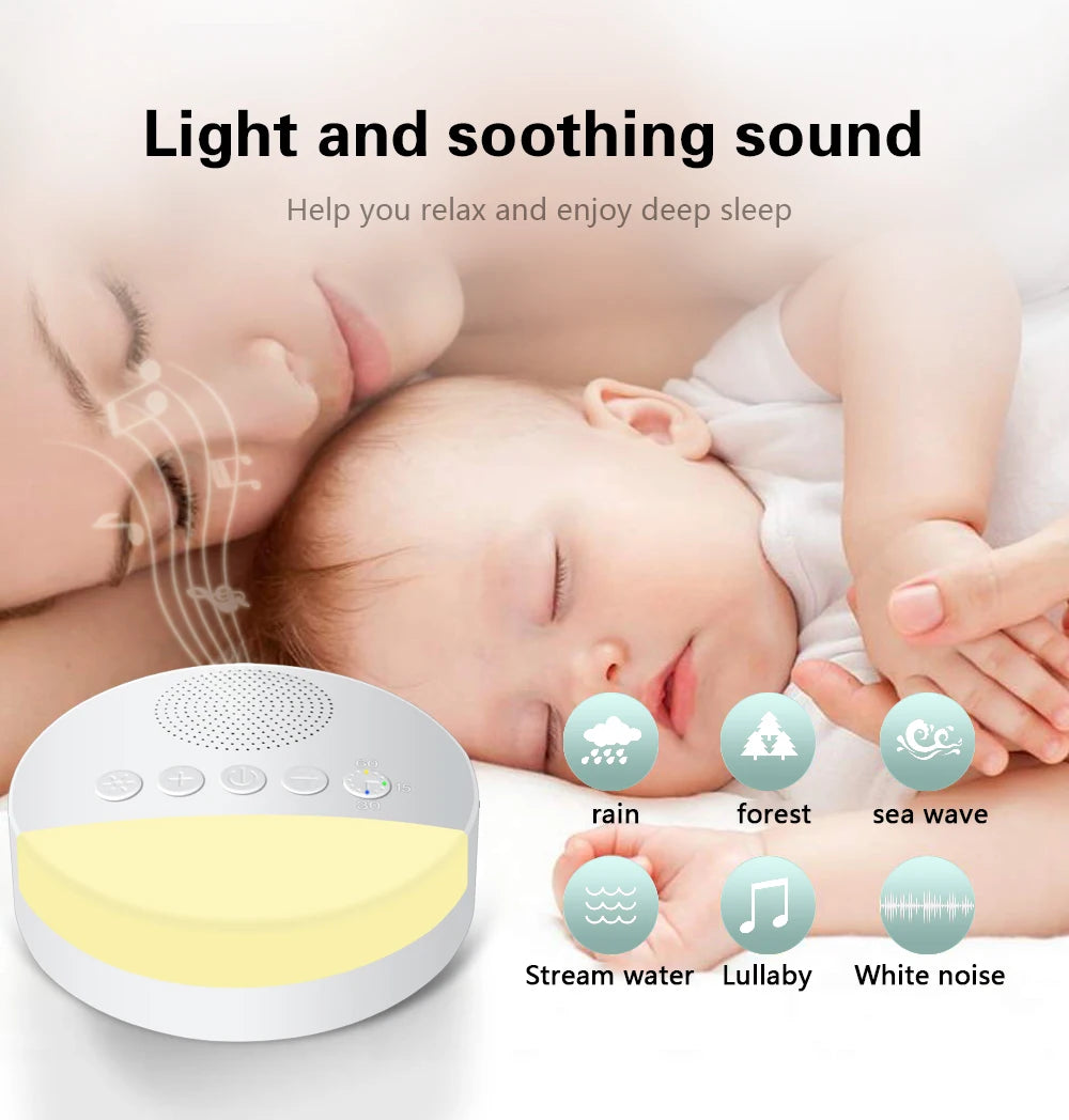 Máquina portátil de ruido blanco para bebés: reproductor de sonido para dormir recargable por USB con luz nocturna y temporizador