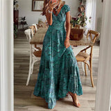 Women's Floral Print A-Line Dress with Petal Sleeves – Summer V-Neck Maxi Dress
