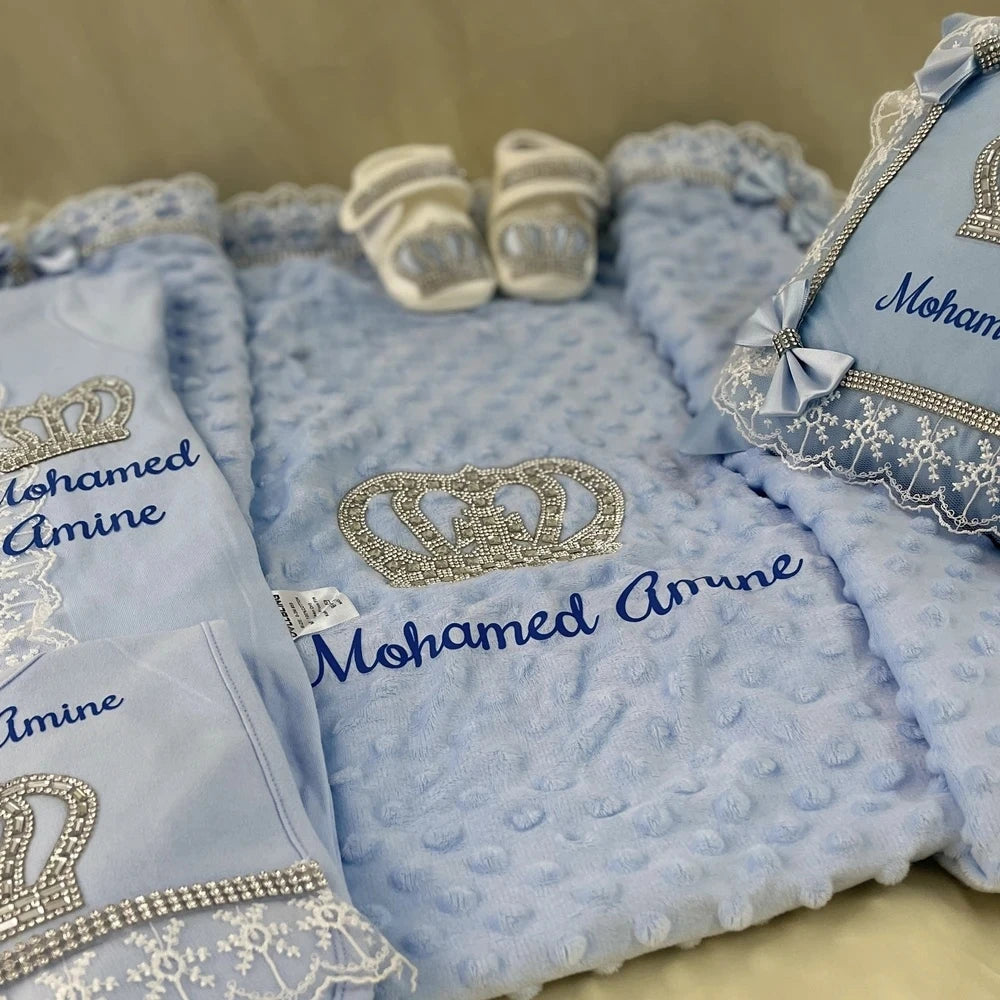 Luxury 5-Piece Newborn Take-Home Set with Jewelry Crown, Mittens, Hat, Shoes & Blanket