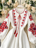 Bohemian Embroidered Floral Dress – Lantern Sleeve, High Waist, Mid-Calf Length