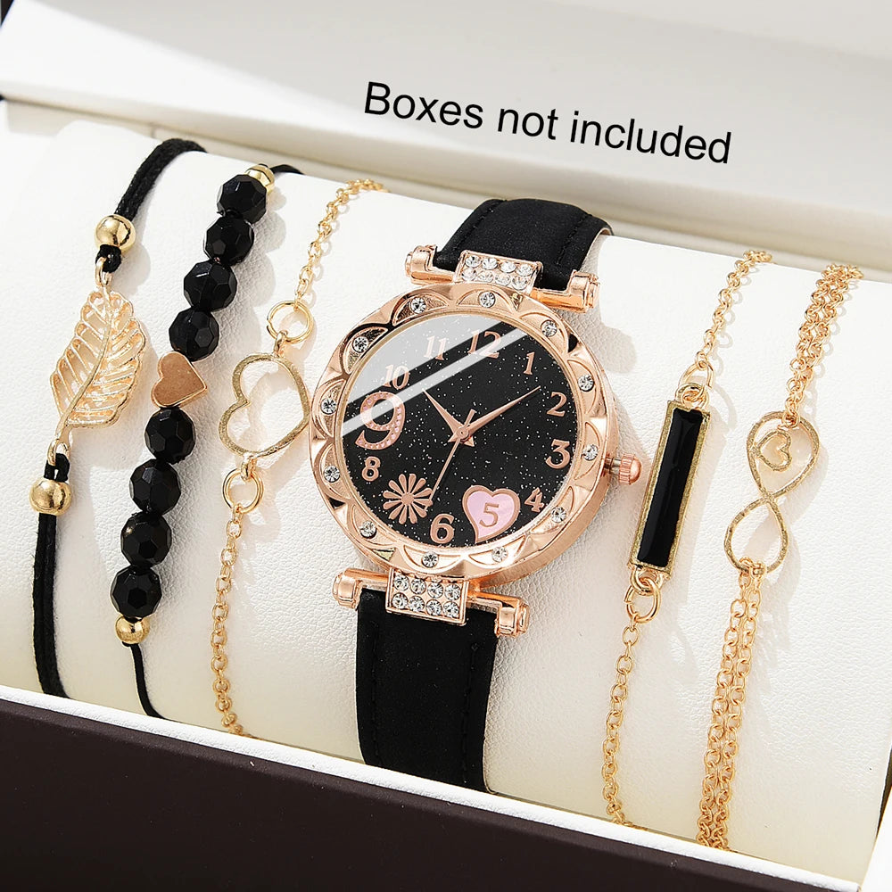 6-Piece Women's Watch Set – Luxury Leather Strap, Quartz Movement, Fashion Bracelets