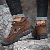 Men’s Winter Leather Ankle Boots – Lace-Up Cowhide Boots with Plush Lining for Cold Weather