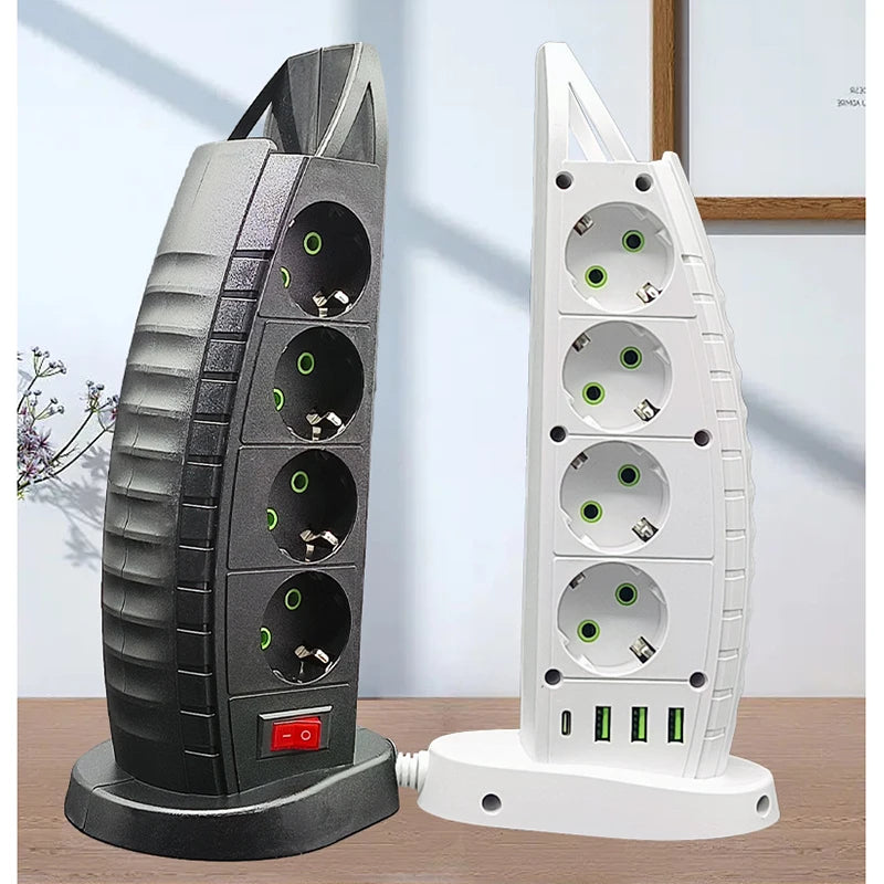 Tower Multi Power Strip with 4 Outlets, 1 Type-C & 3 USB Ports – 2m Extension Cable, Overload Protection