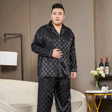 Men’s Luxury Plaid Pajama Set - Full Sleeve, Elastic Waist, Cool Ice Silk Satin Sleepwear for Spring & Summer