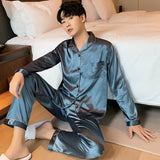 Men’s Elegant Solid Pajama Set – Soft Polyester & Spandex with Full Sleeves, Button Closure, and Turn-Down Collar
