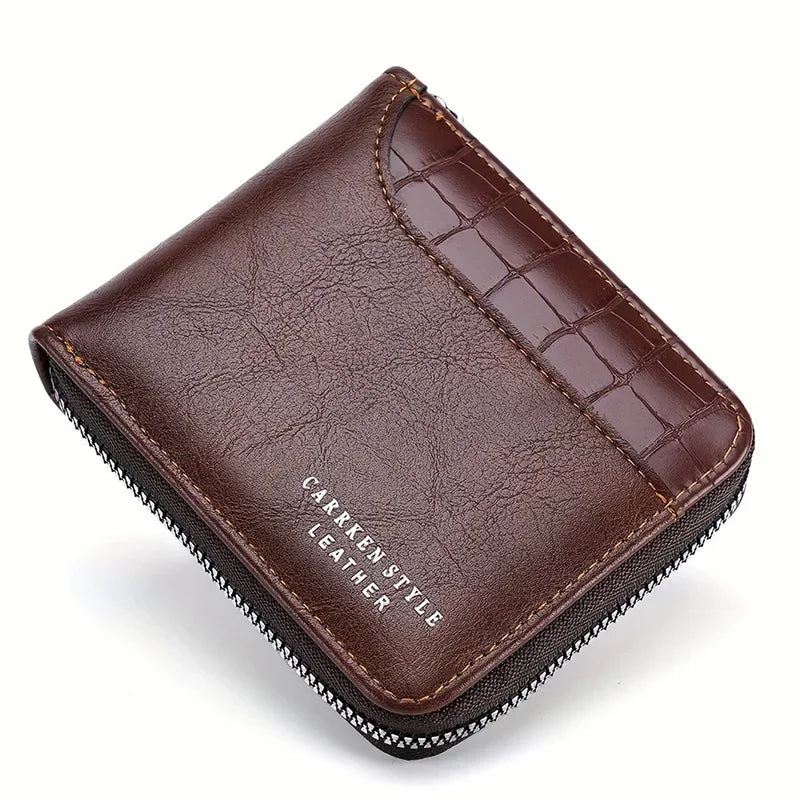 Men’s PU Leather Zipper Wallet – Short Business Style with Card, Coin & Note Compartments