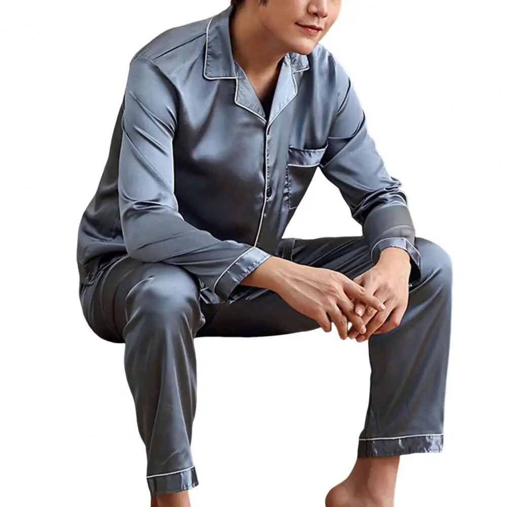 Men’s Plus Size Solid Color Pajama Set – Soft Polyester Long Sleeve Sleepwear with Button Closure