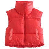 Fall Winter Warm Cropped Vest Jackets for Women Fashion Sleeveless Stand Collar Zip Up Puffer Waistcoat Street Style Outwear